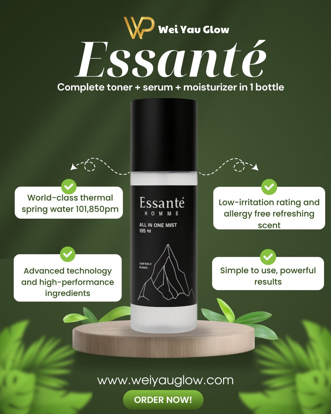 Men Face Moisturizer Spray | Essanté Homme All-in-One Mist | Toner + Serum + Moisturizer | Hydrating & Refreshing for Men 155ml