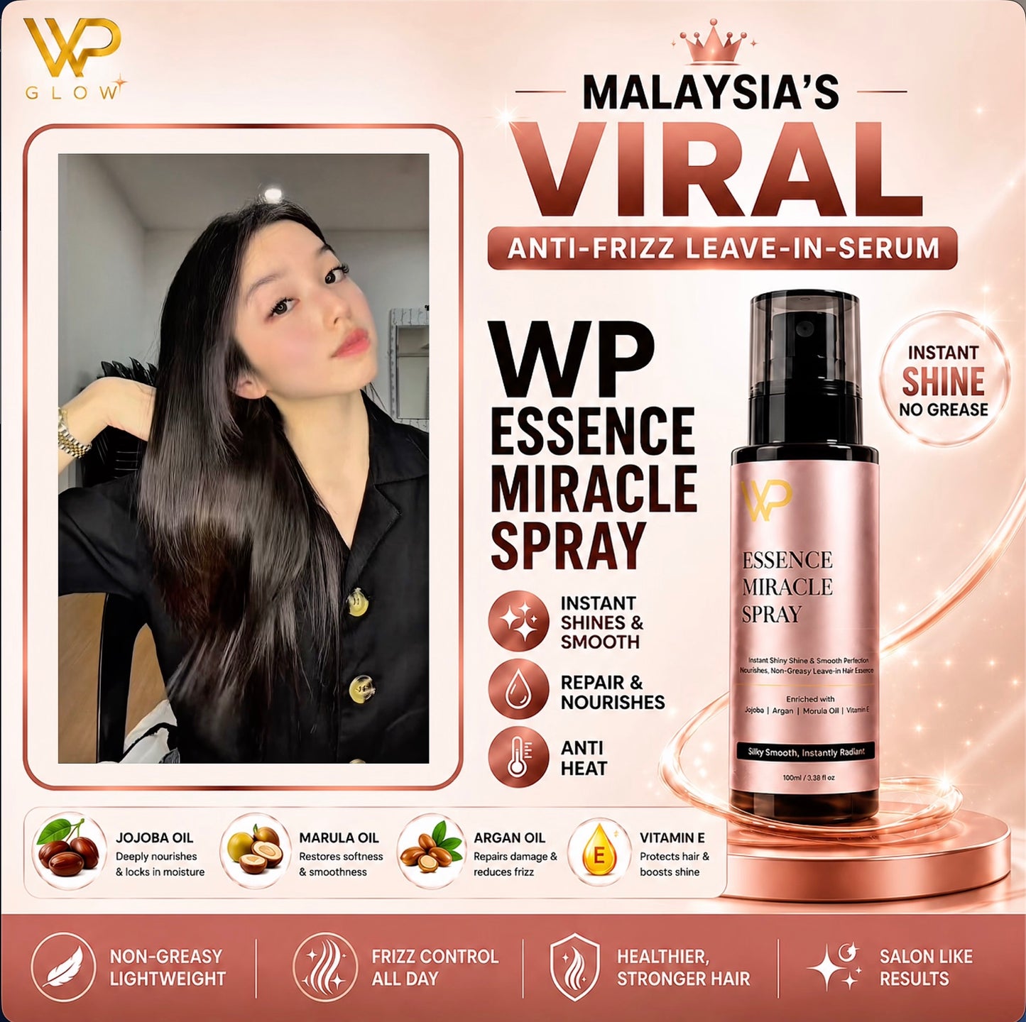 Hair Serum Spray for Dry & Frizzy Hair | WP Miracle Essence | Instant Repair, Shine & Heat Protection (120 ml)